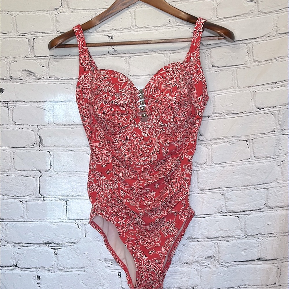 Swim Solutions Coral Silver Beaded Tummy Control One Piece Swimsuit Size 10